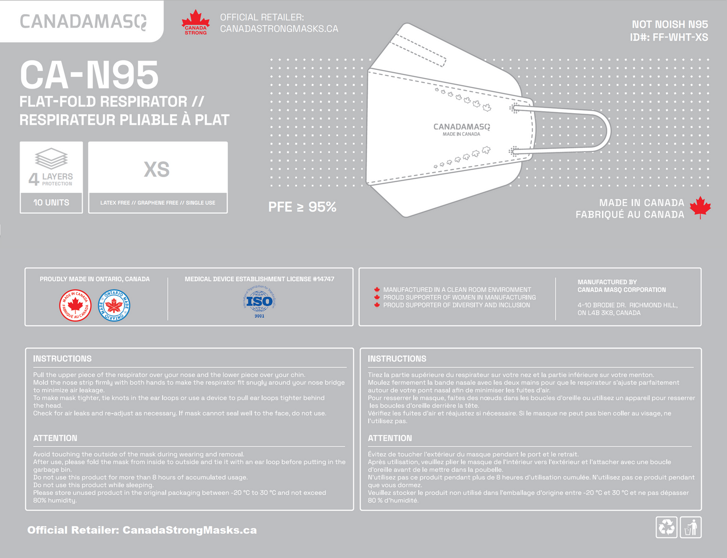 Canadamasq Kids CA-N95 Flat-Fold Respirator White - 10/Pack